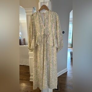 Topshop Green and Pink Floral Long Sleeve Midi Dress Size 6.